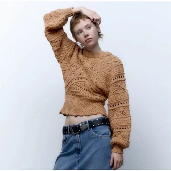 ZARA Wool Brown Chunky Crochet 3D Open Knit Balloon Sleeve Pullover Sweater sz S - Picture 4 of 7